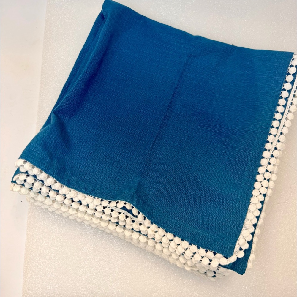 Pier 1 Imports Teal Cotton Napkins White Pom Pom  Trim Set Of 4 New